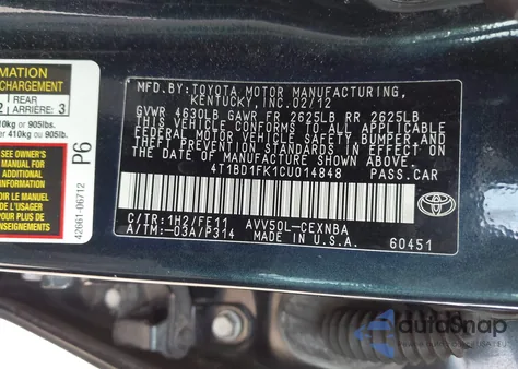 2012 Toyota Camry Hybrid Le z USA, uszkodzony, nr VIN 4T1BD1FK1CU014848